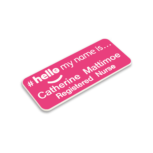 Engraved #Hello My Name is badges