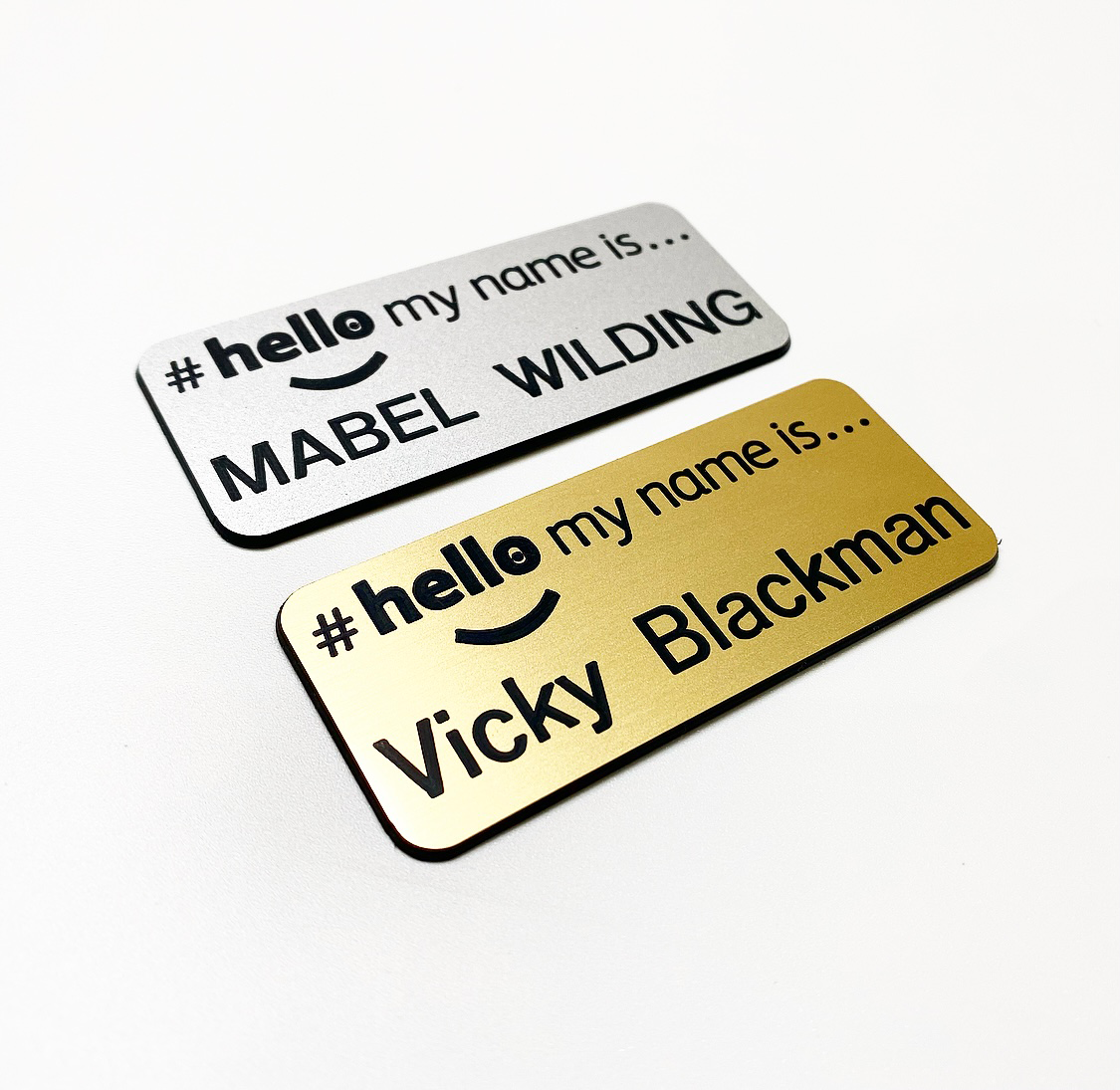 Engraved #Hello My Name is badges